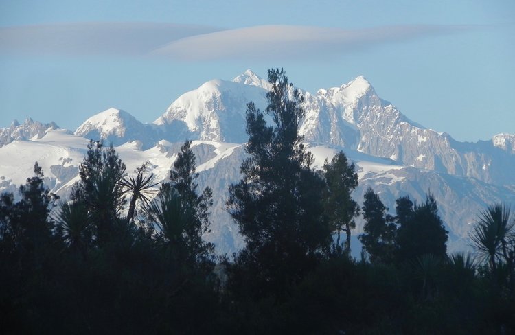 Southern Alps from far up in the Okarito waterways.