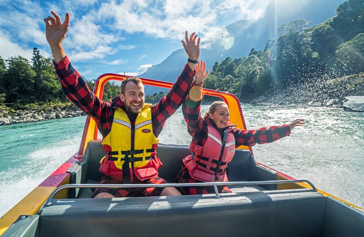 Guests enjoying the Waiatoto River Safari.