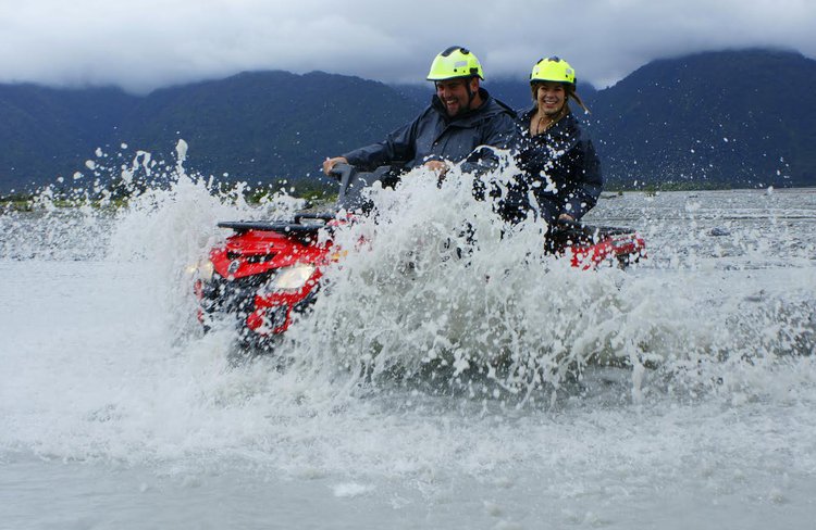 Splashing through the mighty Waiho River.