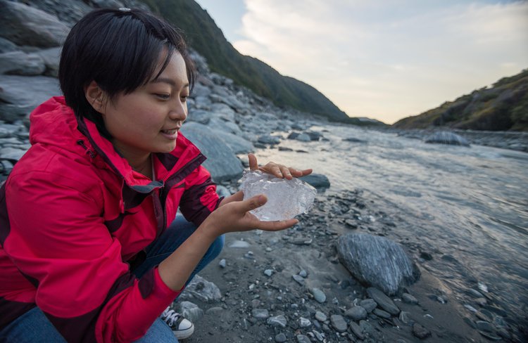 Blocks of ice floating in the Waiho River