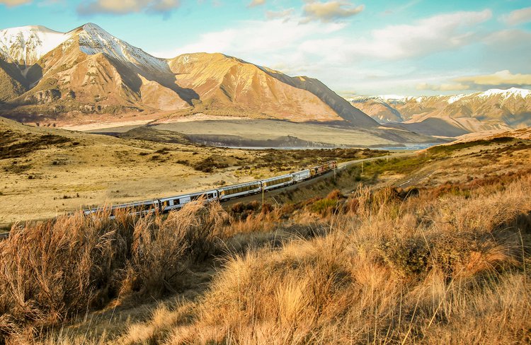 TranzAlpine train straddles Cass Bank with Mount Binser rising in the background.