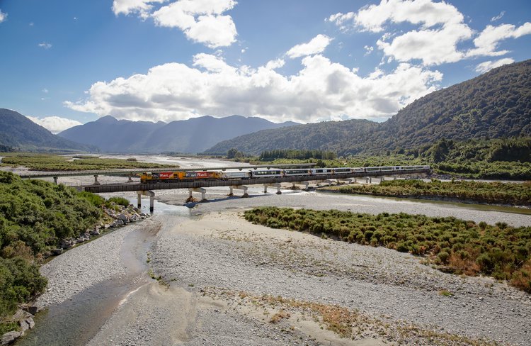 TranzAlpine crossing Taramakau River near Jacksons, West Coast.