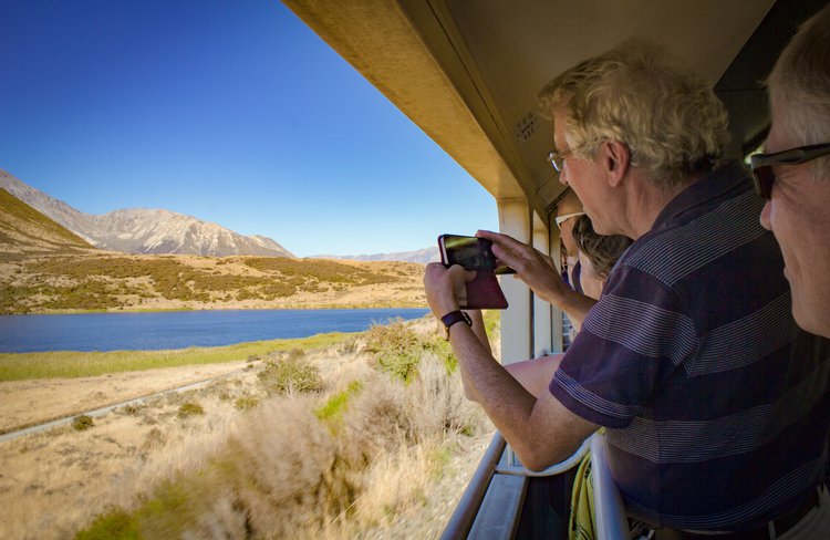 Summer at Lake Sarah from the TranzAlpine viewing carriage.