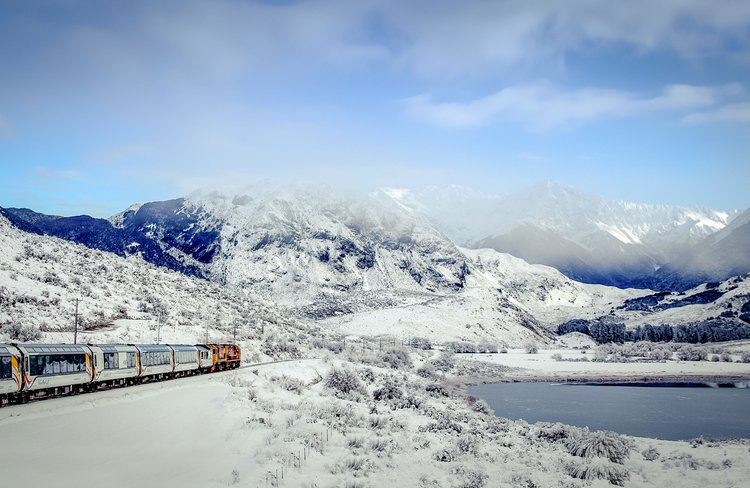 TranzAlpine travelling through a winter wonderland.
