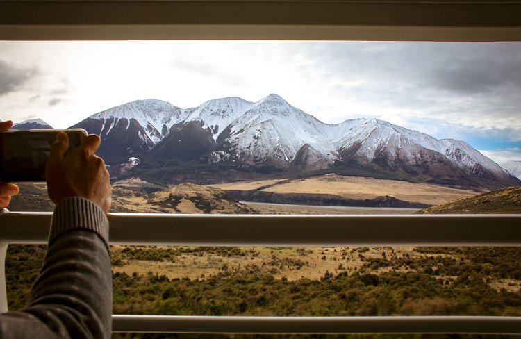 Snap shot of Mount Binser from the TranzAlpine Open-air Viewing Carriage.