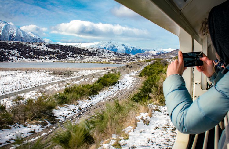 Winter at Lake Sarah from the TranzAlpine viewing carriage.